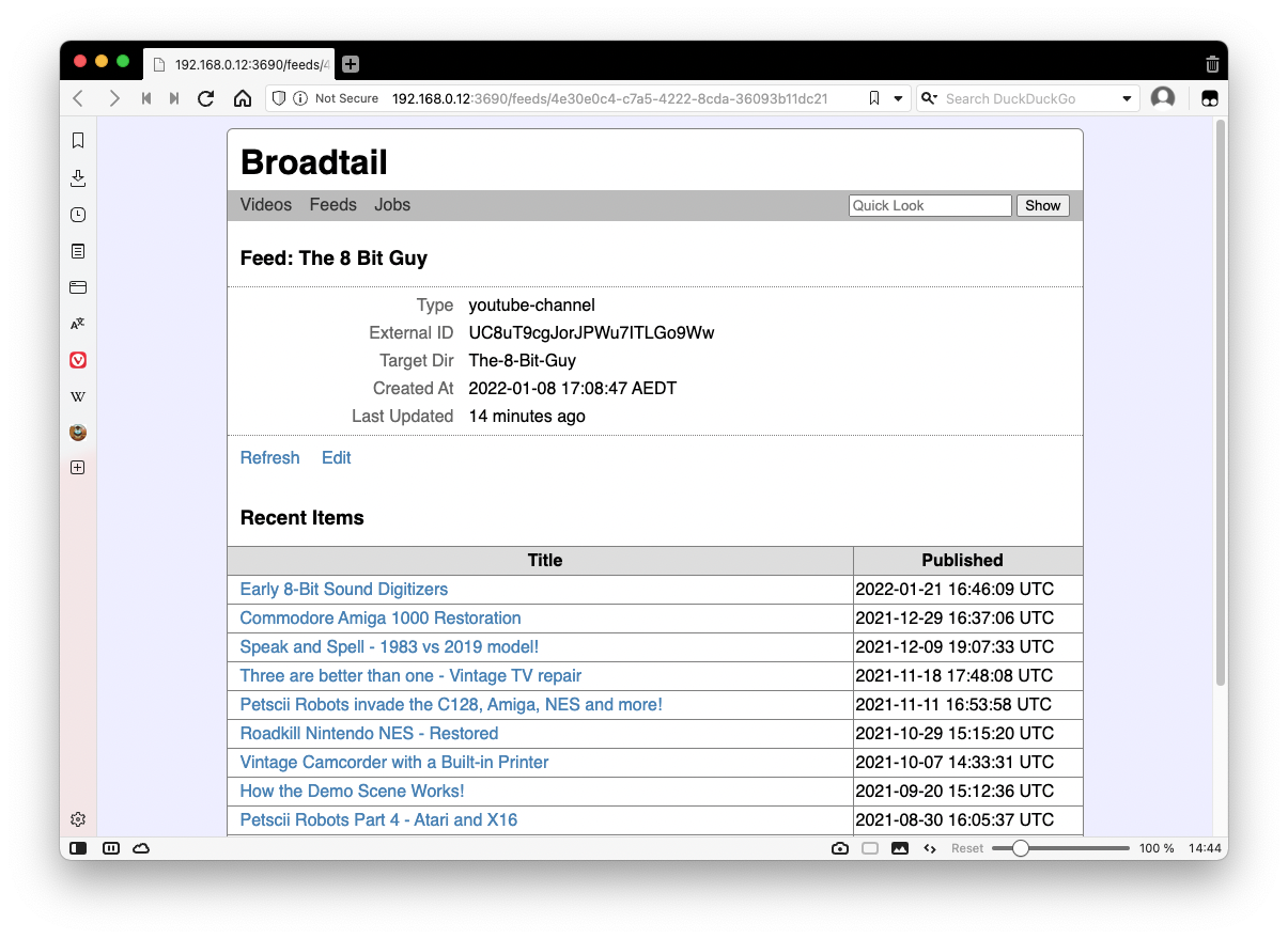 List of videos from a YouTube RSS feed in Broadtail