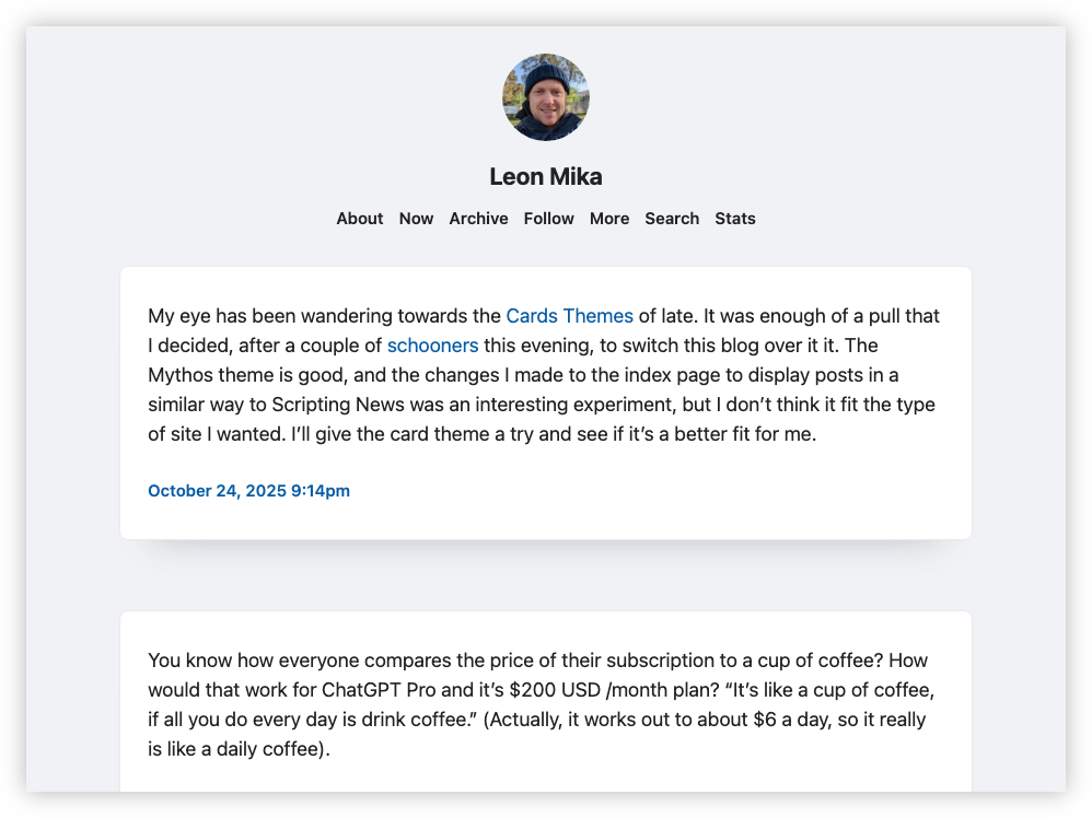 Auto-generated description: A blog post page featuring one and a bit posts styled like a physical index card, along with timestamps for each entry.