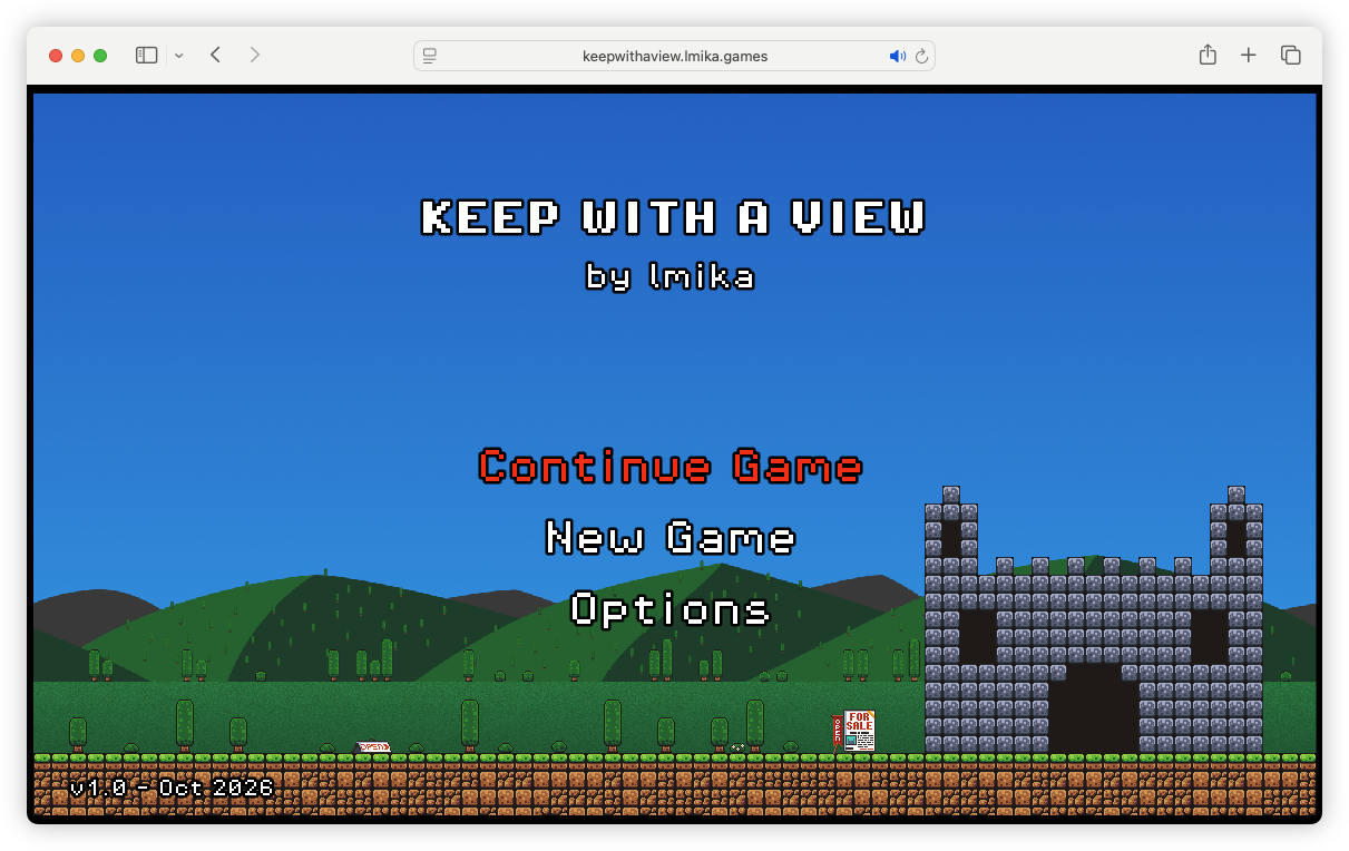 Auto-generated description: A retro-style video game menu screen titled KEEP WITH A VIEW by Imika displays options to continue a game, start a new game, or access settings, set against a pixelated landscape with hills and a stone castle.