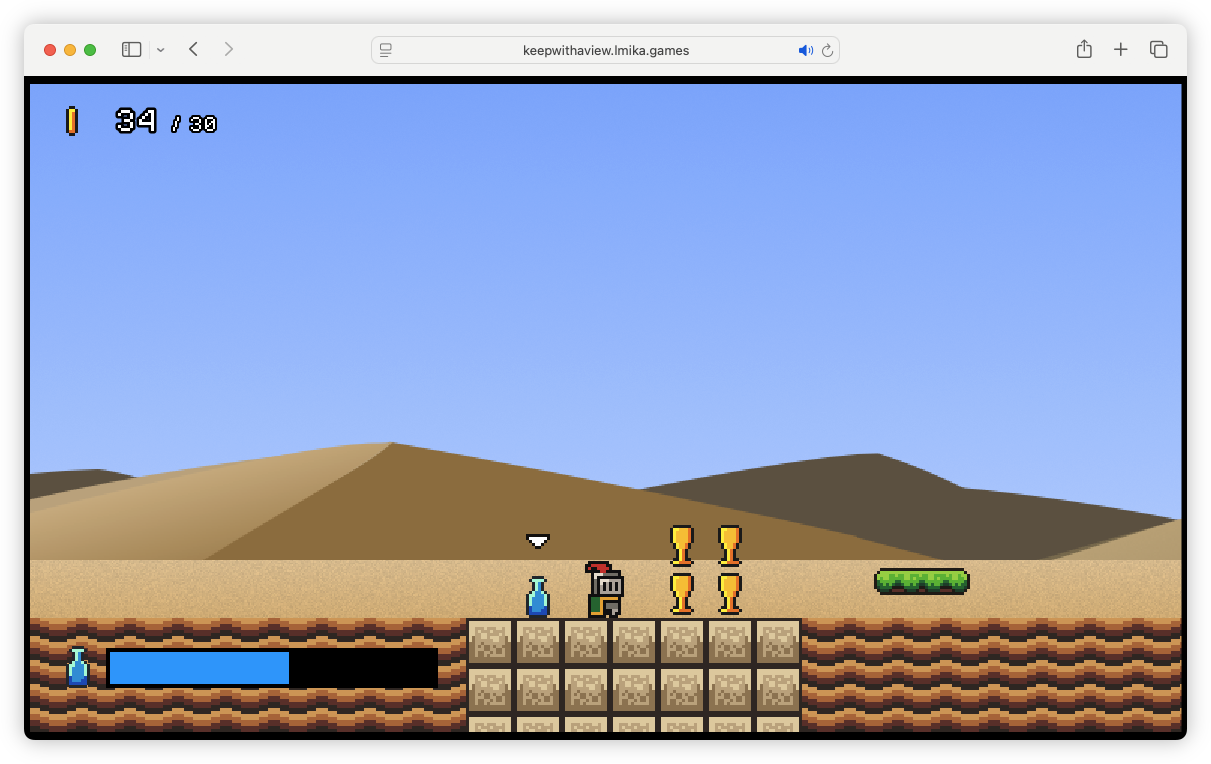 Auto-generated description: A pixelated character stands on a block platform in a desert-like side-scrolling game scene with a blue sky, hills in the background, and collectible items nearby.