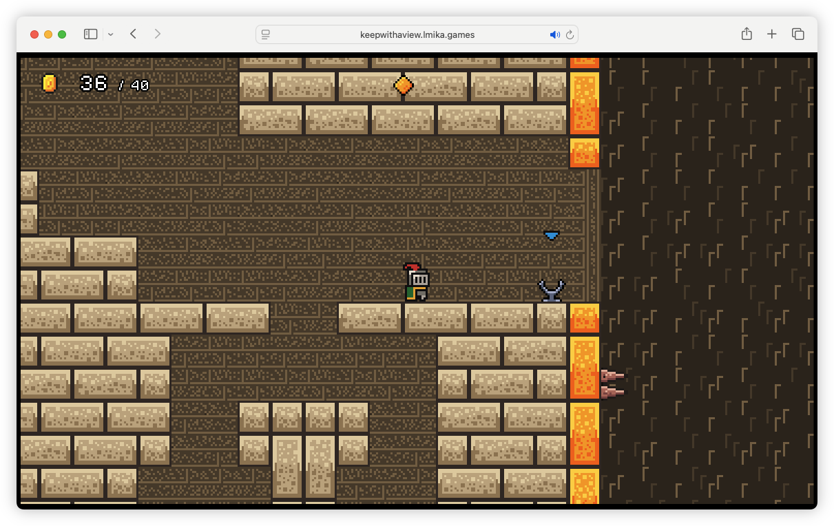 Auto-generated description: A pixelated knight character navigates a dungeon environment with stone walls, lava pits, and collectible diamonds in a browser-based game.