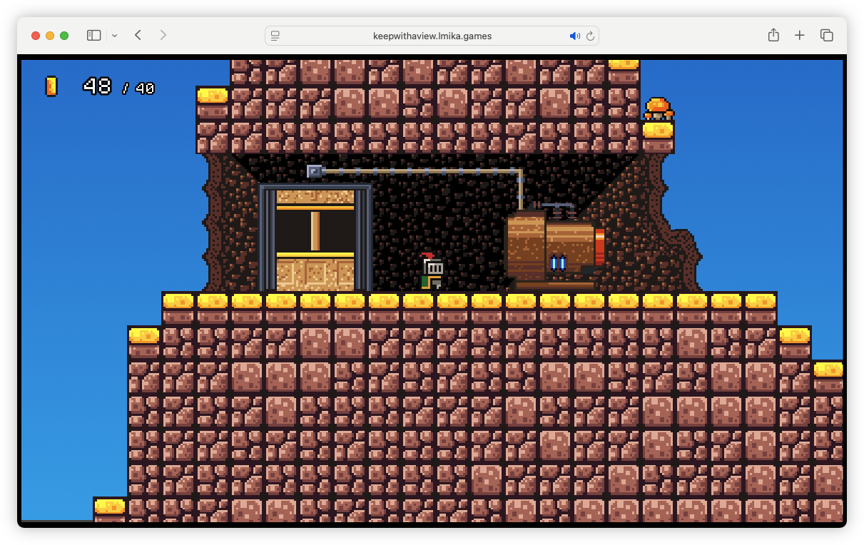 Auto-generated description: A pixel art-style platform game scene shows a character standing between a wooden crate elevator and a large barrel inside a brick structure.