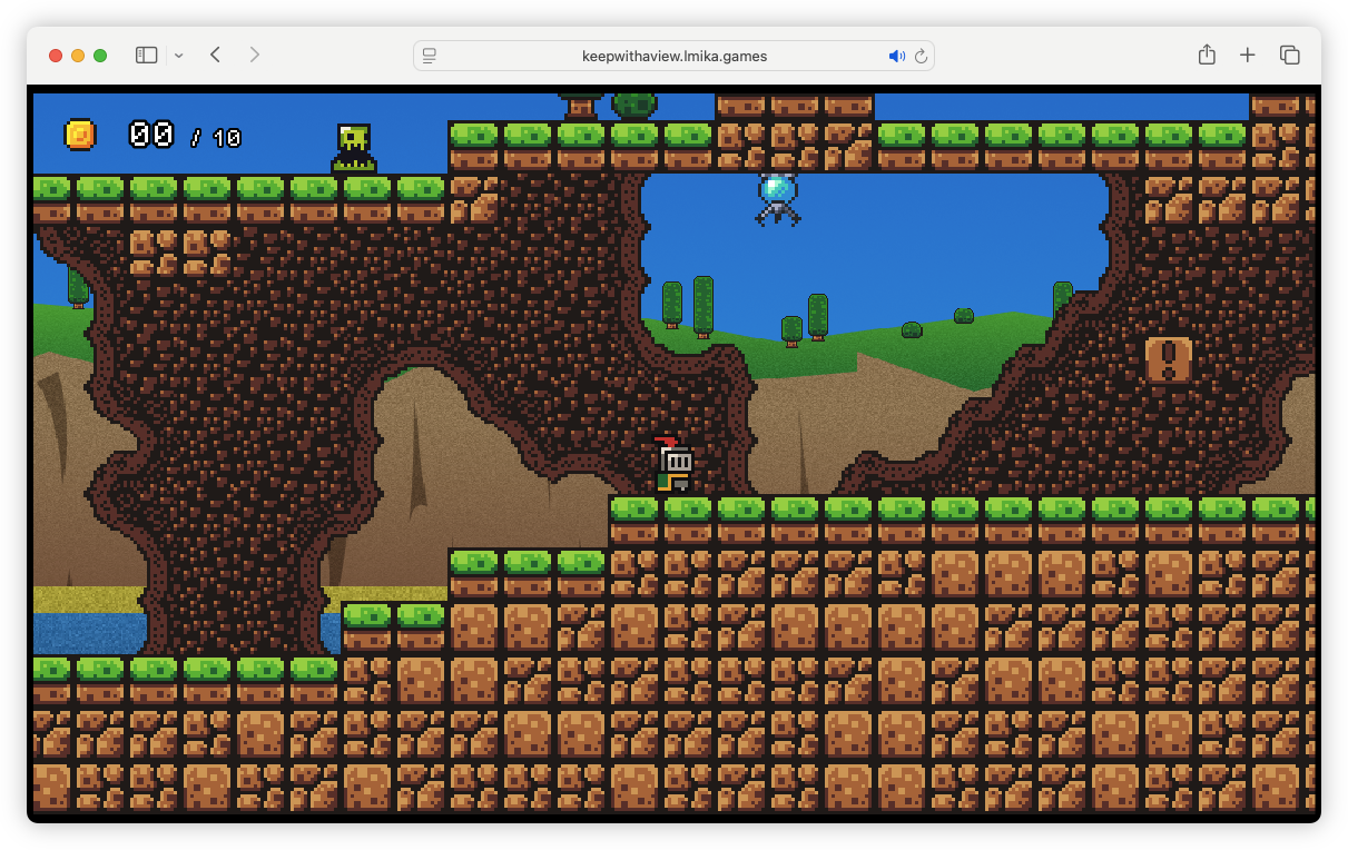 Auto-generated description: A pixel-art style platformer game scene shows a character holding a flag standing on grassy terrain with rocky walls, a blue sky background, and various game elements like coins, an enemy, and a key icon.